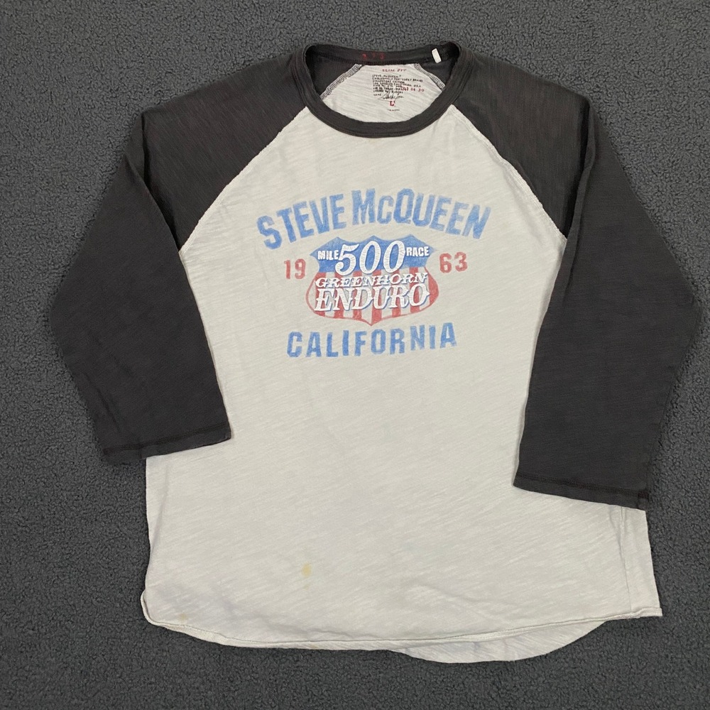 Lucky Brand Steve McQueen Raglan Shirt Mens Large Cream Grey Graphic Racing Tee